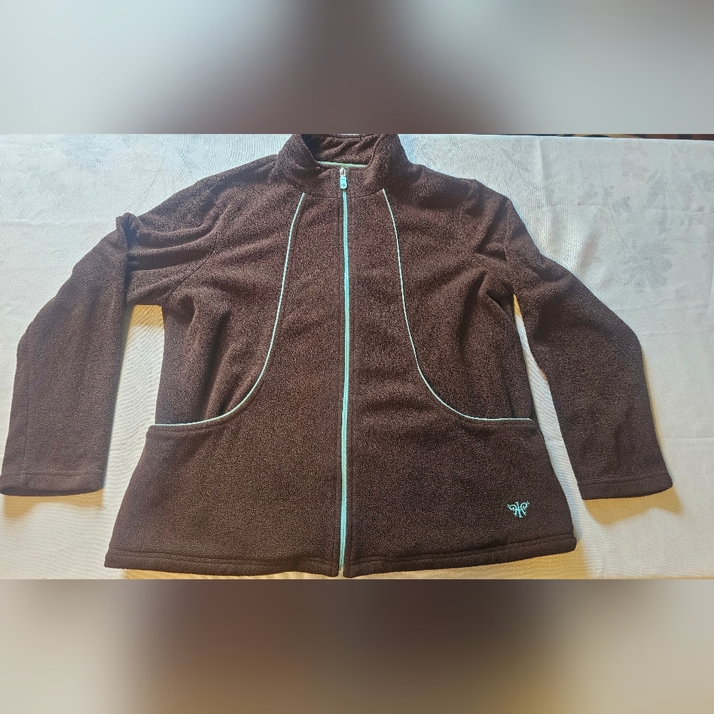 Med Couture Womens Brown & Blue Fleece Zip Up Jacket Size XL